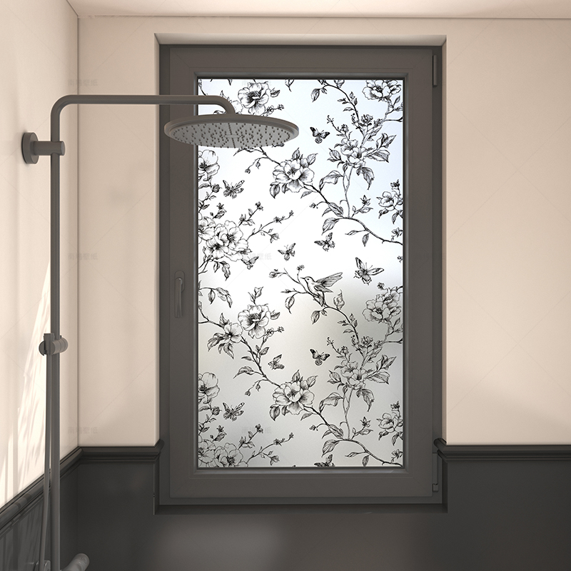 法式复古高级感花鸟磨砂玻璃贴膜