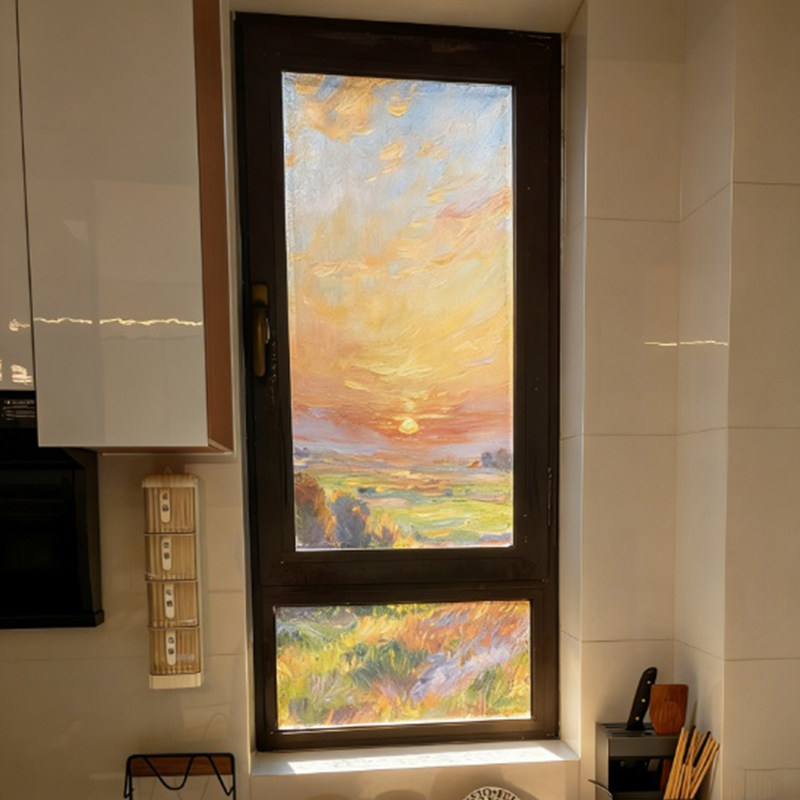 南墙壁纸卫生间窗户装饰贴防窥玻璃膜风景油画透光磨砂浴室静电贴