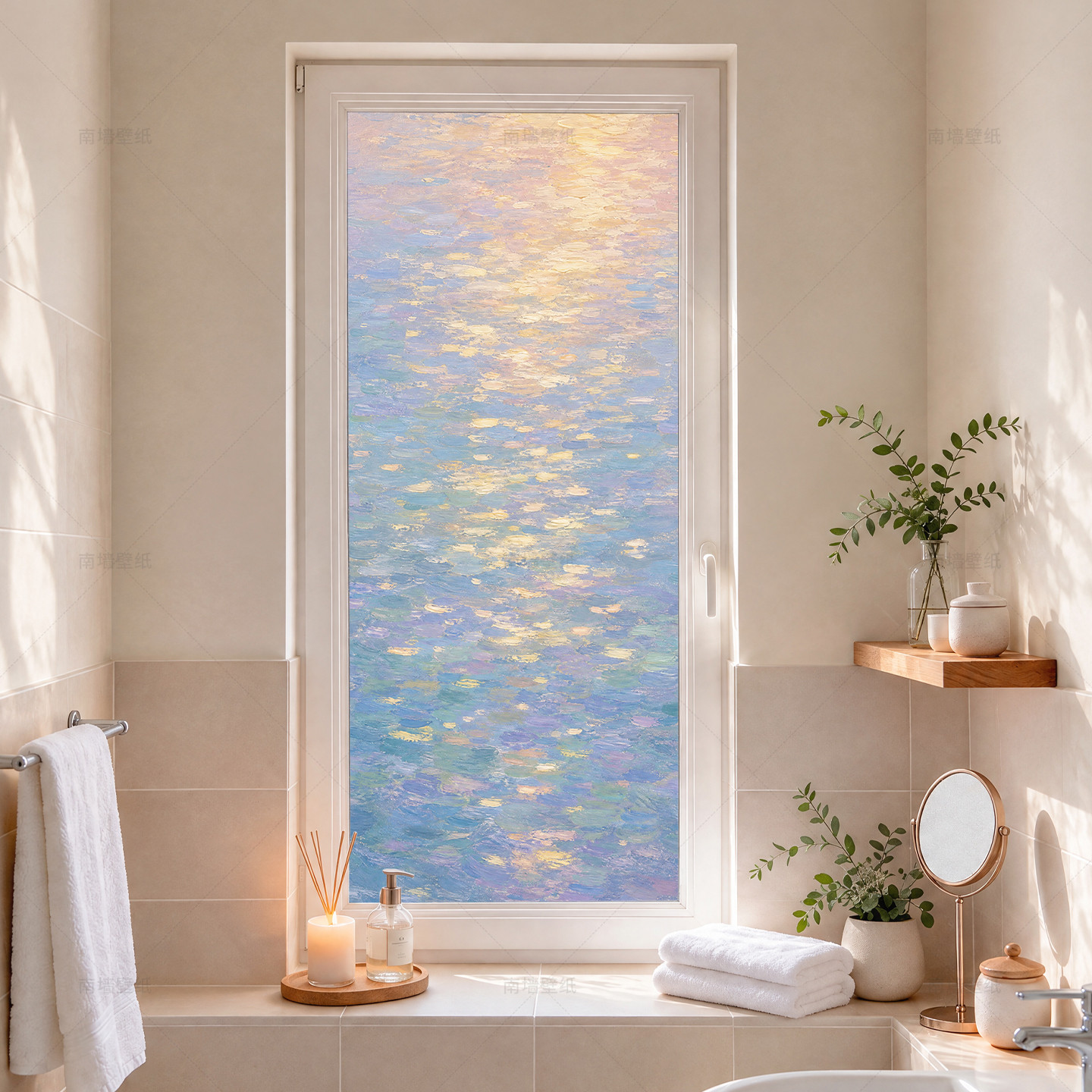 碎金光影浴室门隔断隐私贴纸油画玻璃贴膜透光不透人装饰画可定制