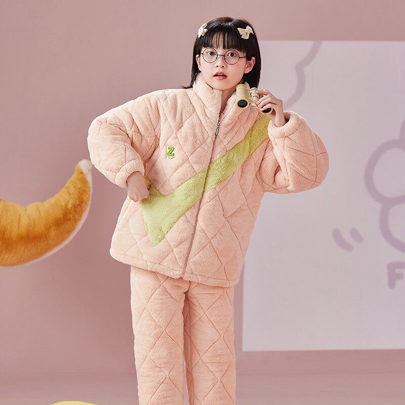 冬季三层加厚夹棉儿童睡衣可爱女童拉链可外穿家居服套装