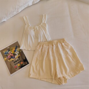 莫代尔棉两件套 蕾丝吊带套纯欲法式 睡衣女夏季 可外穿性感方领韩式