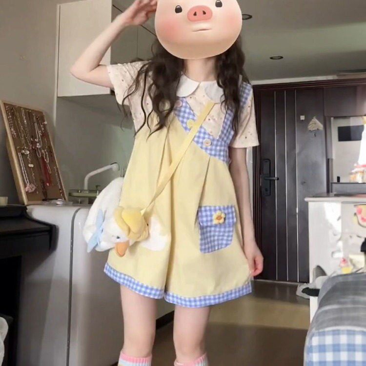 韩版甜美可爱少女背带短裤女学生初夏娃娃领花花上衣日系两件套装