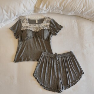 莫代尔棉纯欲两件套装 带胸垫夏季 可外穿 睡衣女千金芭蕾丝法式 新款