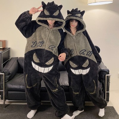 2025冬季新款情侣睡衣加厚珊瑚绒宝可梦耿鬼连体睡衣搞怪男家居服