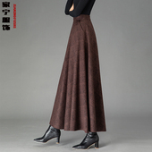 咖啡色呢子伞裙高腰大码 格子毛呢半身裙冬季 2025新款 羊毛a字长裙