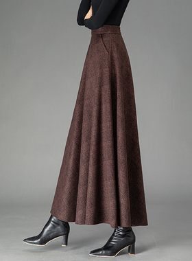 格子毛呢半身裙冬季2025新款咖啡色呢子伞裙高腰大码羊毛a字长裙
