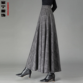 2025秋冬毛呢灰色格子半身裙女百搭高腰A字伞裙加厚显瘦大码 长裙