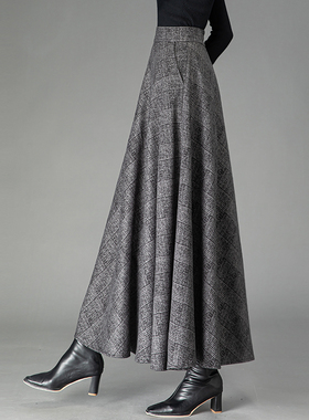 2025秋冬毛呢灰色格子半身裙女百搭高腰A字伞裙加厚显瘦大码长裙