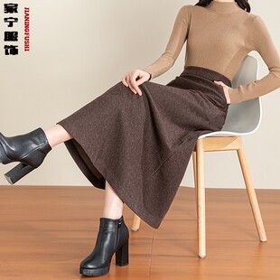 咖啡色冬季新款羊绒半身裙女中长款小个子加厚毛呢大码小A字长裙