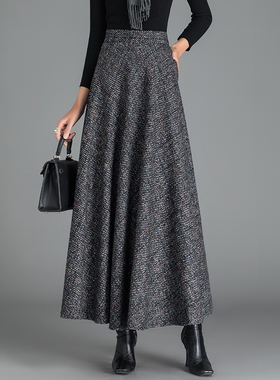 2025年秋冬新款格子毛呢半身裙高腰显瘦千鸟格a字裙加厚大码长裙