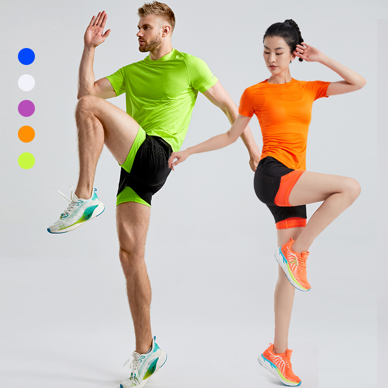 运动假两件跑步男女专业马拉松三分短裤速干短袖T恤健身训练套装