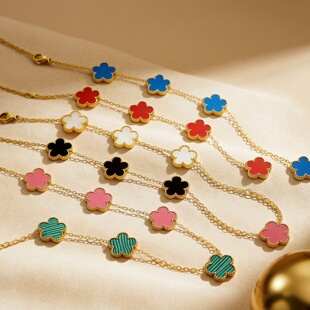 高级感幸运草五叶四叶五花双面精致钛钢手链18K金色小众轻奢手链