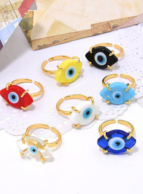 手工铜镶琉璃眼睛开口女戒指饰品波西米亚个性可调节指环