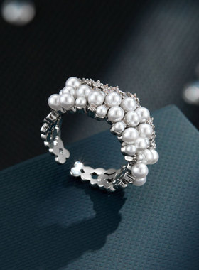 新款珍珠锆石开口戒指小众感微镶精致食指戒复古优雅指环戒圈