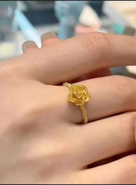 金色玫瑰花戒指女实心时尚搭活口麻花边指环送女友礼物