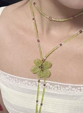 小清新绿色双层叠戴花朵项链国风颜值流苏choker锁骨链
