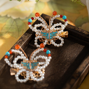 古风头饰侧边汉服烧蓝发夹配饰古风醒狮手工珍珠发饰国风发夹一对