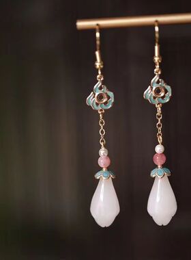 新款国风玉兰花耳坠耳钩高端长烧蓝新中式耳饰清冷设计