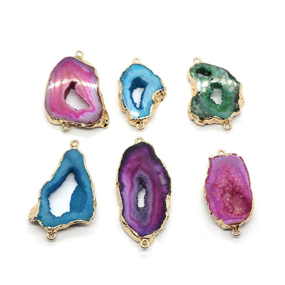 天然石坠子20x30-35x55mm不规则形双孔包边吊坠 DIY饰品配件