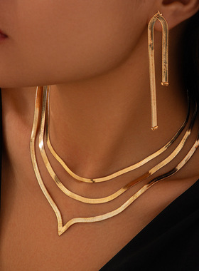 欧美跨境饰品 朋克金属风蛇骨链项链女 个性几何链条混色锁骨项饰