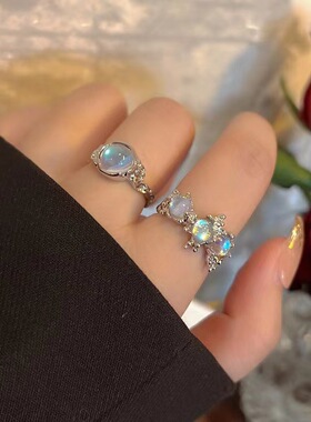 同款月光石戒指ins小众设计新潮戒指开口可调节