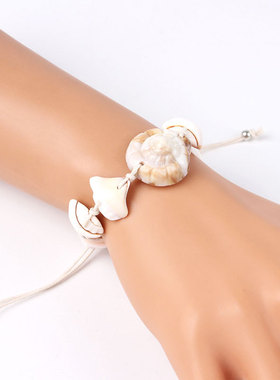 夏季流行新款天然贝壳手链手工编织米白扇贝手串海边度假手环