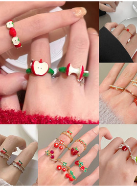 日韩时尚潮人红色樱桃开口锆石戒指女 ins韩版简约食指指环女学生