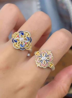 新款宫阙戒指女国风新中式珐琅彩宫廷活口气质风格戒指
