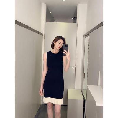 2024春夏新品气质圆领无袖小香风黑白撞色连衣裙显瘦百搭A字短裙