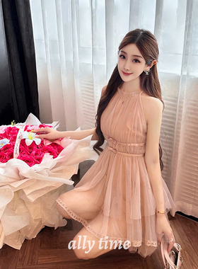 粉色网纱挂脖连衣裙女2025夏季气质名媛温柔纯欲风显身材a字短裙