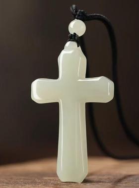 青白色十字架吊坠男女款玉石挂件项链天然白玉坠生日礼物