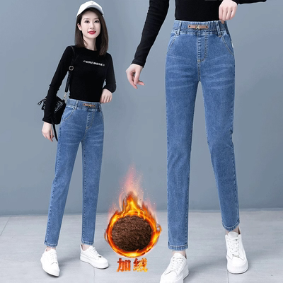烟管裤女2025冬季加绒小个子高腰弹力显瘦铅笔直筒松紧腰牛仔裤子