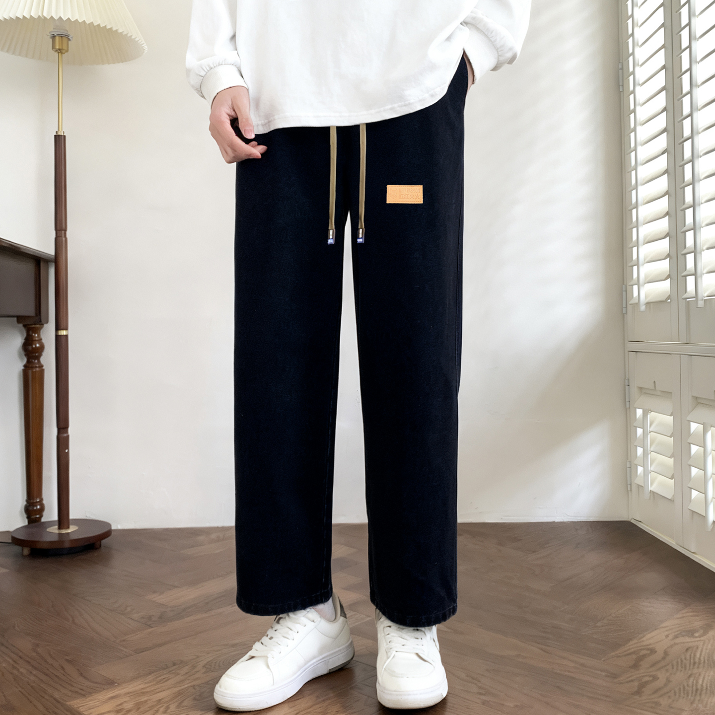 2025秋冬款高档男孩小个子学生松紧腰宽松直筒阔腿九分黑色牛仔裤