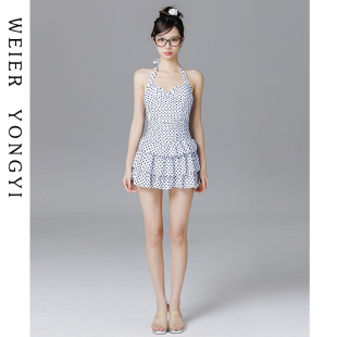 明星同款 性感挂脖露背复古波点遮肉显瘦聚拢泡温泉 泳衣女连体裙式