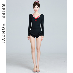 荷叶边微胖女孩遮肉显瘦温泉度假游泳衣 连体长袖 泳衣女款 2025新款