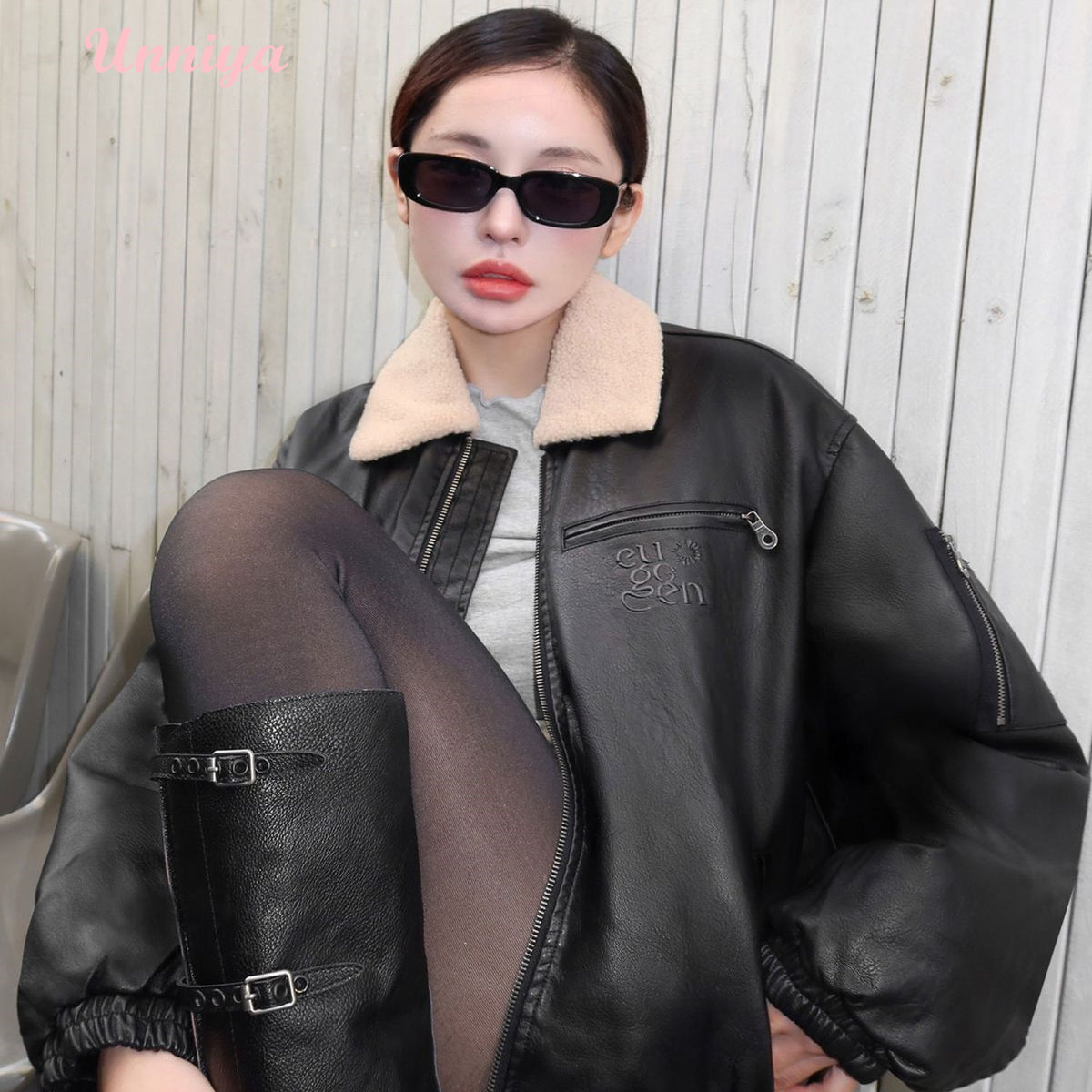 韩国代购羊羔毛PU翻领时尚外套