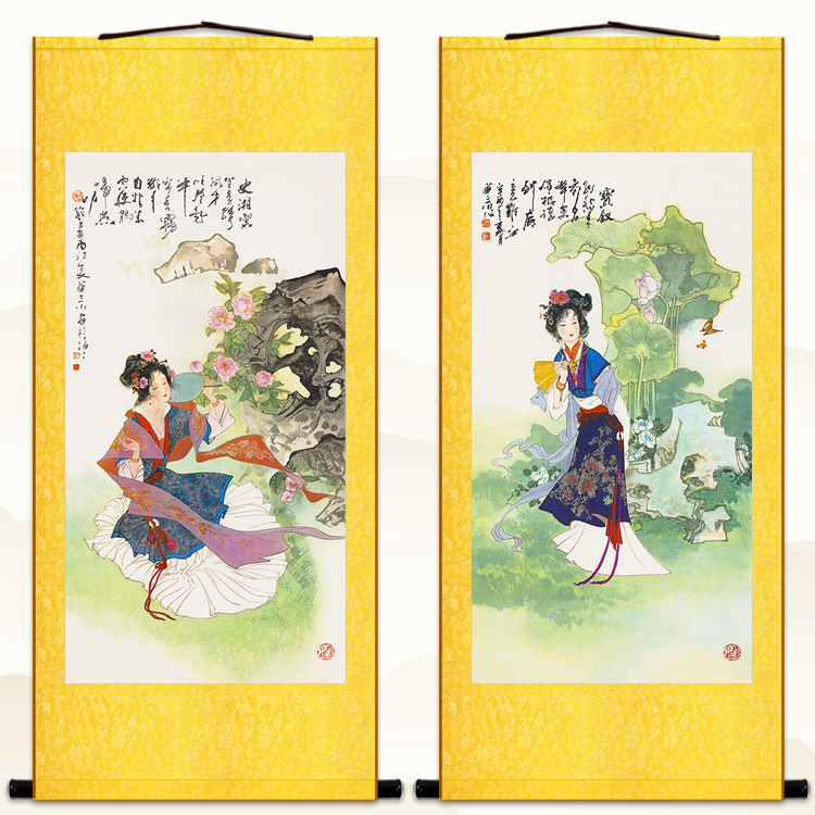 薛宝钗画像 史湘云 红楼梦仕女人物卷轴挂画 书房丝绸装饰画定制