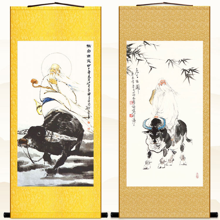 紫气东来老子出关图人物画卷轴挂画 道家复古书房客厅绢布装饰画