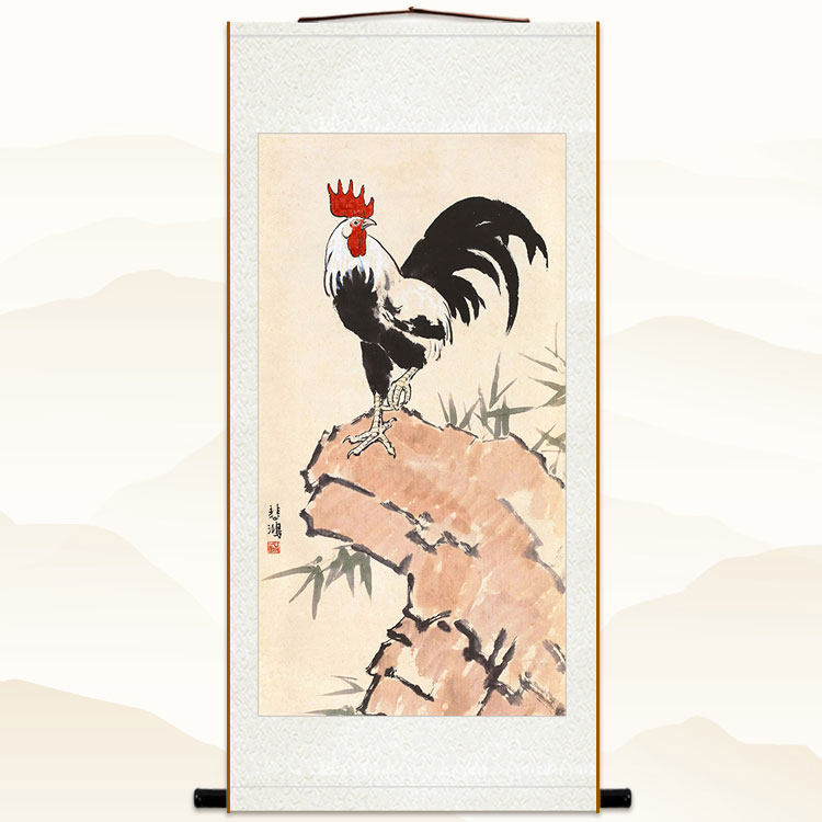 大吉图卷轴挂画 徐悲鸿公鸡雄鸡国画丝绸画 办公室客厅玄关装饰画