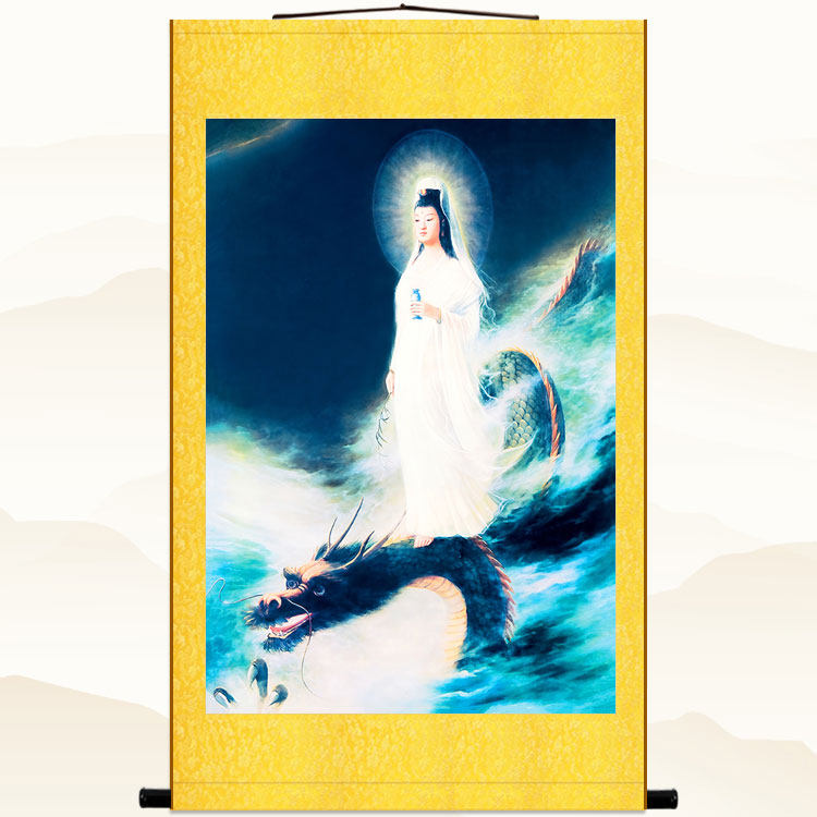 白衣南海骑龙观音菩萨佛像画 乘龙头观世音画像 佛堂家用卷轴挂画