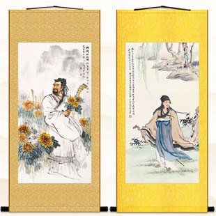 陶渊明采菊图 古代名人贤士书房装饰画 丝绸卷轴挂画来图定制订做