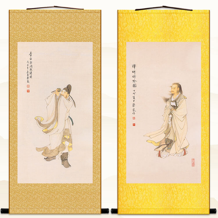 李白饮酒赋诗图 屈原历史人物复古装饰画 绢布卷轴挂画可来图定制