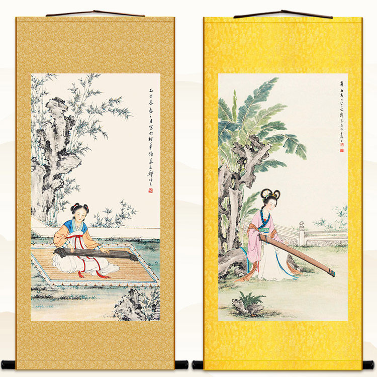 女乐图 仕女抚琴图 古代美女弹琴人物画中式书房卷轴挂画装饰字画