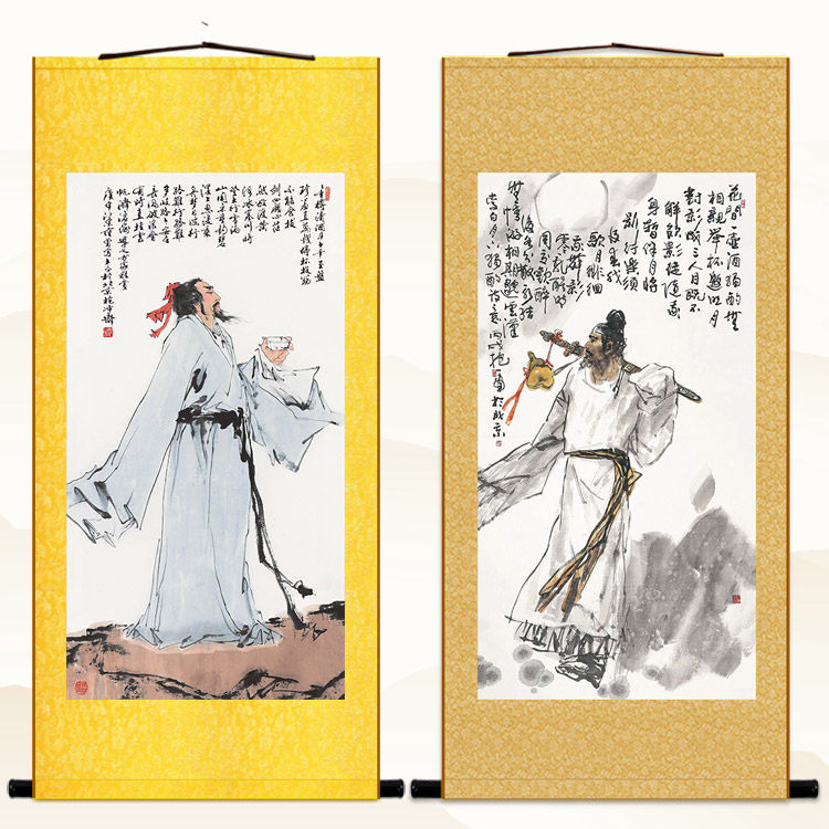 李白醉酒人物画卷轴挂画 诗仙酒文化复古书房装饰画 绢布丝绸画