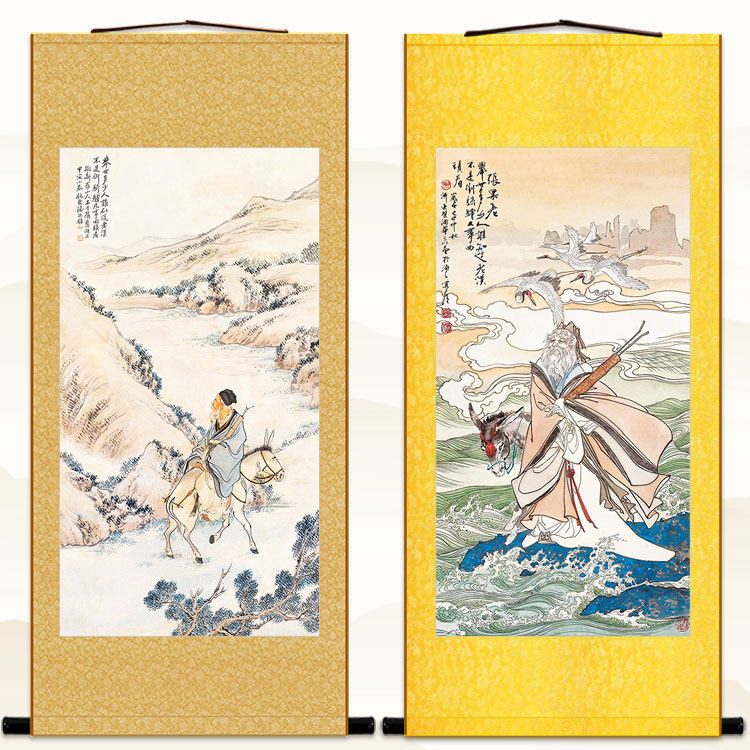 张果老画像 倒骑驴凡事回头看 八仙过海人物装饰画 丝绸卷轴挂画