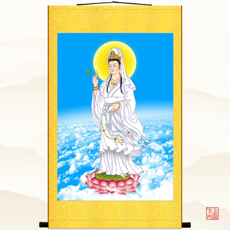 高清白衣观世音菩萨 柳枝观音娘娘佛像画 佛堂玄关卷轴挂画绢布画