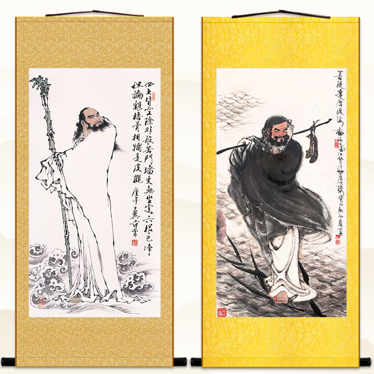 菩提达摩祖师画像 达摩渡江图 中式装饰画 丝绸画挂画 卷轴画定制 家居饰品 国画 原图主图