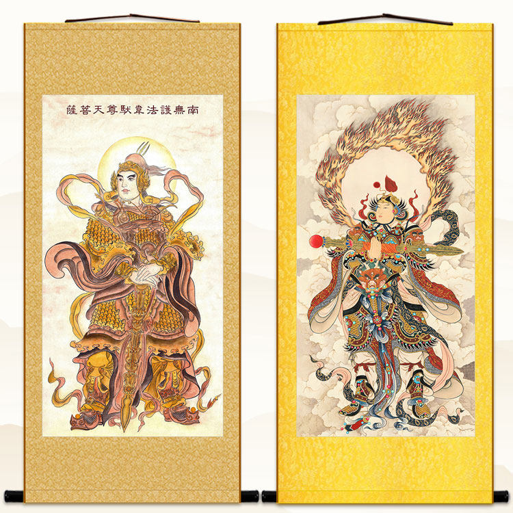 韦陀护法菩萨画像 韦驮尊天将军佛像画 佛堂卷轴挂画绢布材质