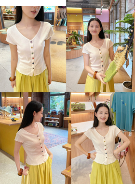 DIGM-系时尚简约百搭彩色扣设计收腰显瘦针织短袖T恤小衫A67230-1