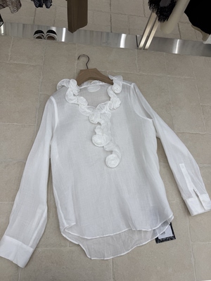 现南油!!木耳边苎麻白衬衫女欧货春夏新款不规则法式上衣83Q02